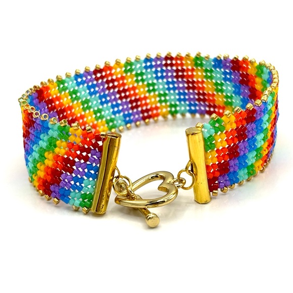 Hand Crafted Rainbow Beaded Bracelet with Gold - Picture 5 of 12
